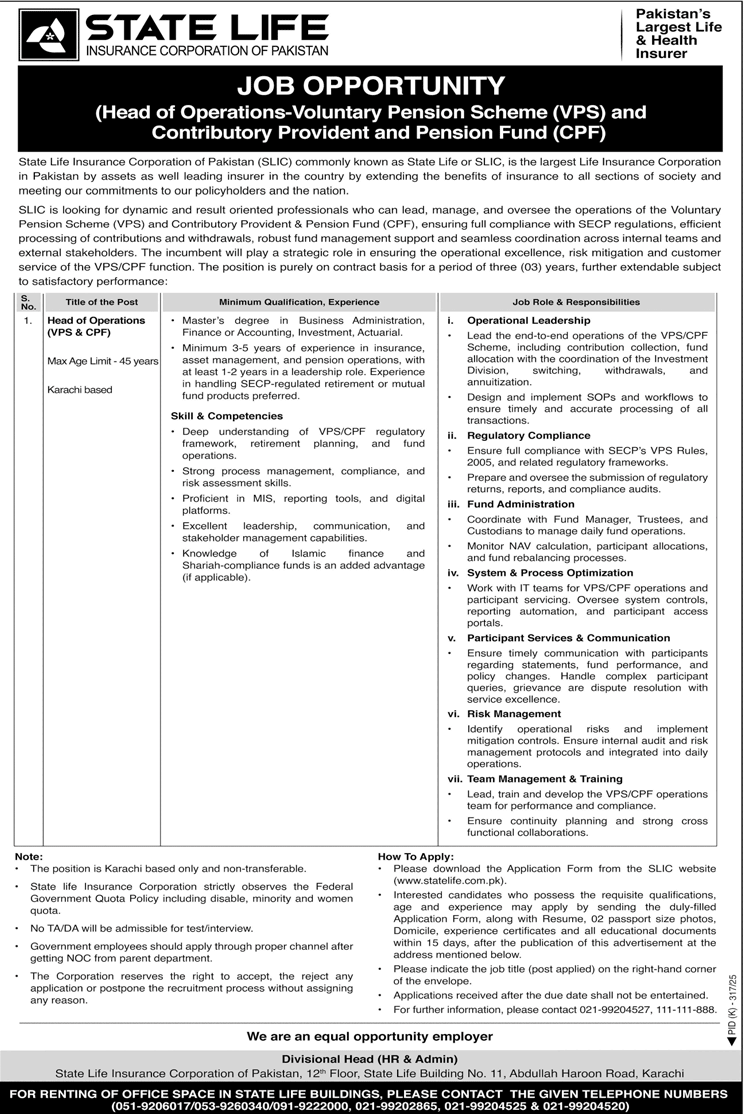 Jobs in State Life Insurance Corporation of Pakistan Karachi
